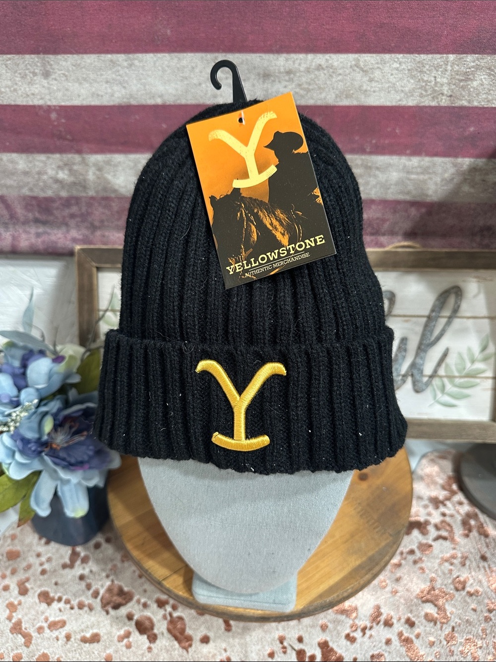 NWT Yellowstone Black Knit Beanie with Gold Logo